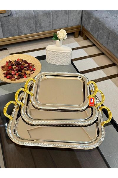 aljahwari 3-piece serving tray set, two-tone nickel