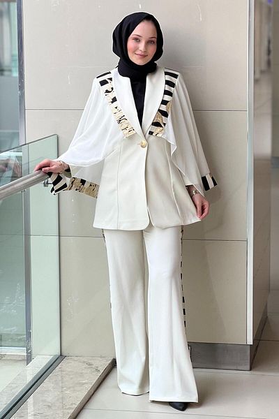 MİANOTTE Mianotte Gold Embossed Floral Piyona Pattern Jacket Pants Set