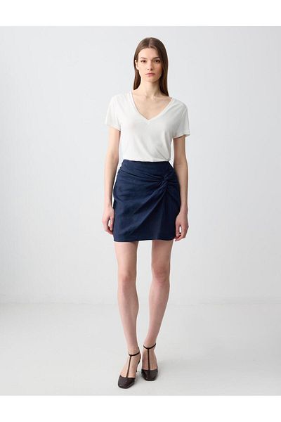 Jimmy Key Navy Blue 100% Linen Normal Waist Mini Skirt with Shirring Detail