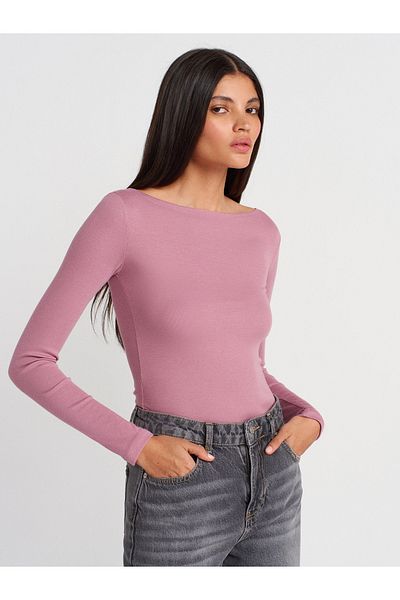 Dilvin 31332 Boat Neck Long Sleeve Top-Rose