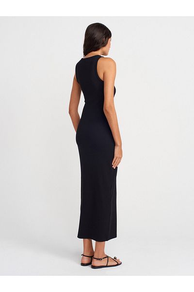 Dilvin 91467 Button Detailed Maxi Dress-Black
