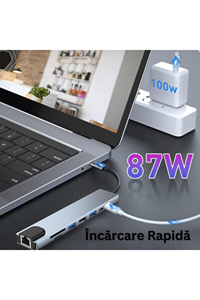 Velixo Adaptor multiport USB-C 8 în 1, 1 x Ethernet, 1 x USB 3.0, 1 x HDMI 4K, 30 Hz