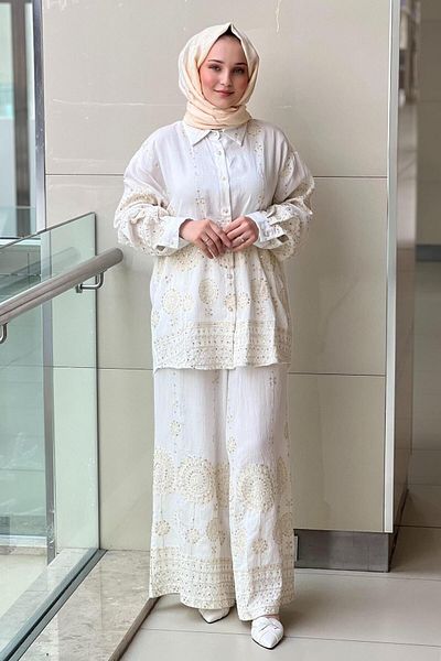 Mahal Imported Authentic Patterned Gold Sequined Linen Shirt Pants Set