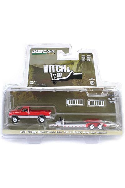 TOYFEST Greenlight 1/64 Hitch & Tow Series 31 - 1991 Dodge Ram Power Ram 250 with Heavy Duty Car Hauler