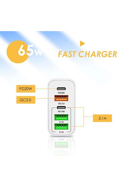 OEM Incarcator Retea, 5 Porturi, 65W Fast Charge 3 x USB, 2 x Type-C Laptop, iPhone, Huawei, Samsung