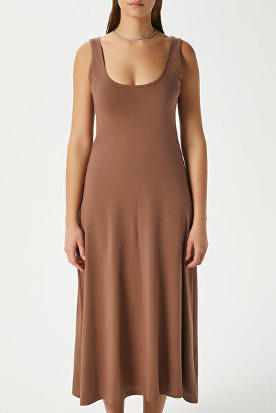 Ritnice Women's Nancy Sleeveless Brown Midi Combed Cotton Dress 5376