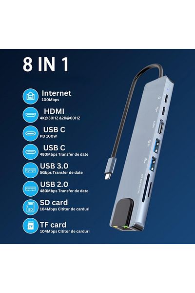 Velixo 8 In 1 Usb-c Multiport Adapter Hub, 1 X Ethernet, 1 X Usb 3.0, 1 X Hdmi 4k, 30 Hz