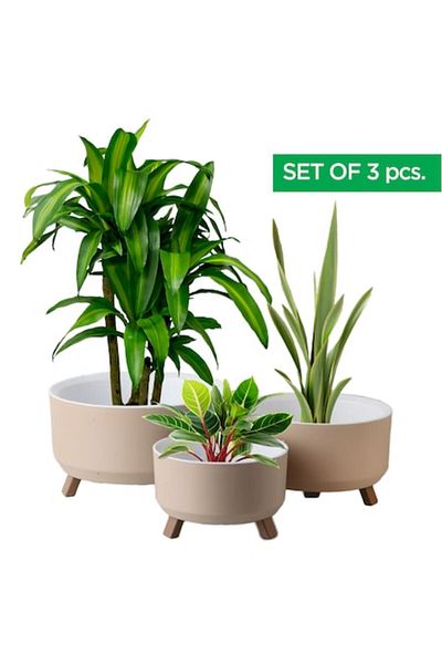 Ginza Maison Set 3 Ghivece Rotunde Cu Picioare Pliabile, Suport Interior De Drenaj, Culoare Bej, Ø 15, 18, 22 Cm