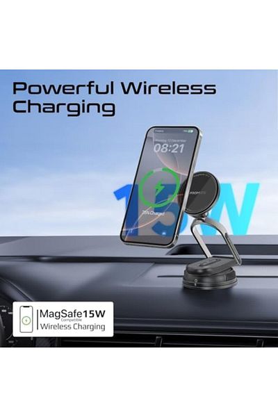 Promate Magnetic Wireless Phone Car Charger, 15W Car Mount with Windshield & Dashboard Compatibility