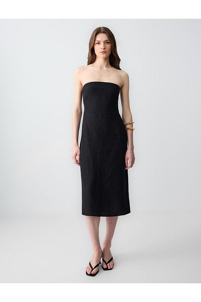 Jimmy Key Black 100% Linen Slim Fit Open Neck Strapless Midi Dress