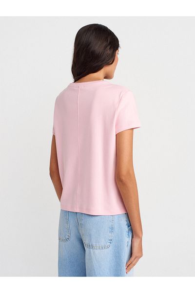Dilvin 31757 Crew Neck Stitching Detailed T-Shirt-Dusty Pink