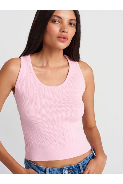Dilvin 10759 Corded Openwork Knitwear Blouse-Pink
