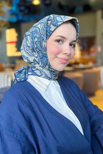 Sultan Eşarp Sultan Soft Cotton Scarf - Ρετρό μοτίβο - SSE0238-33 - Navy Blue, Soft Yellow