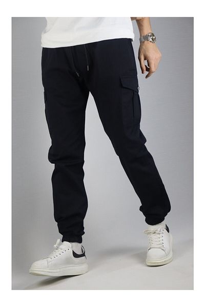 VIKUNYA Men's Summer Navy Blue Jogger Cotton Cargo Pants Adjustable Waist Elasticized Legs Comfort
