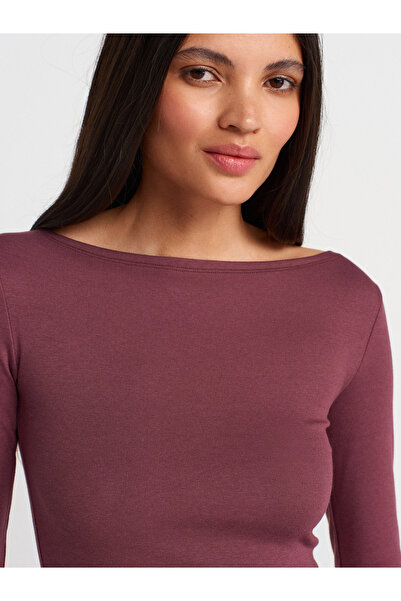 Dilvin 31332 Kayık Yaka Uzun Kollu Top-Mürdüm