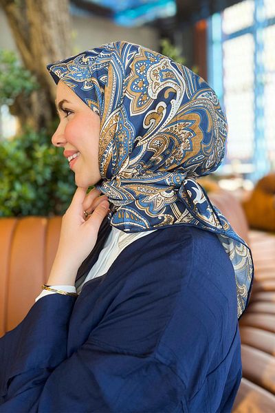 Sultan Eşarp Sultan Soft Cotton Scarf - Ρετρό μοτίβο - SSE0238-34 - Navy Blue, Mustard
