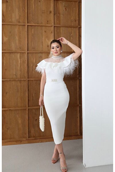 1Moda1Tarz Women's Scuba Fabric Lace and Tassel Detailed Special Design Dress with Necklace Neck Belt Included Lining