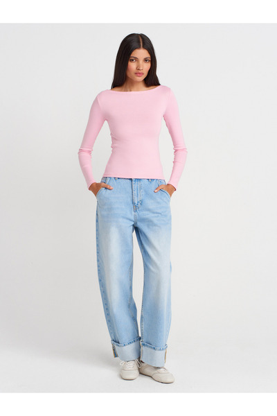 Dilvin 31332 Μακρυμάνικο μπλουζάκι με λαιμόκοψη σε ροζ χρώμα