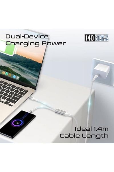 Promate كابل USB-C™ إلى USB-C™ مزدوج مع توصيل طاقة 140 وات، ونقل بيانات بسرعة 480 ميجابت في الثانية، وتقنية Over Current