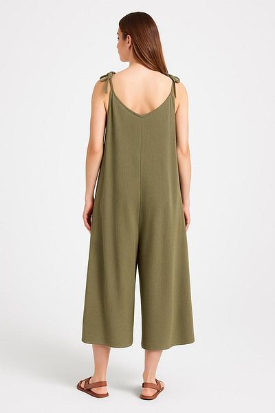 OLEA MODA Khaki Green Wrapped Shalwar Jumpsuit with Shoulder Tie Pockets