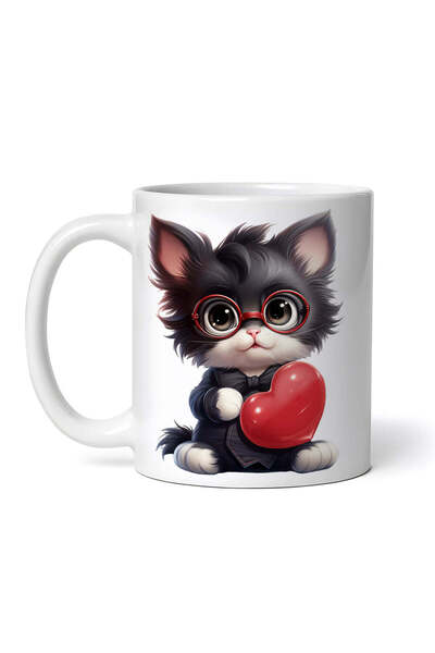 OEM Cană albă personalizată, pisică neagră cu inimă și ochelari, cu tema Sfân...