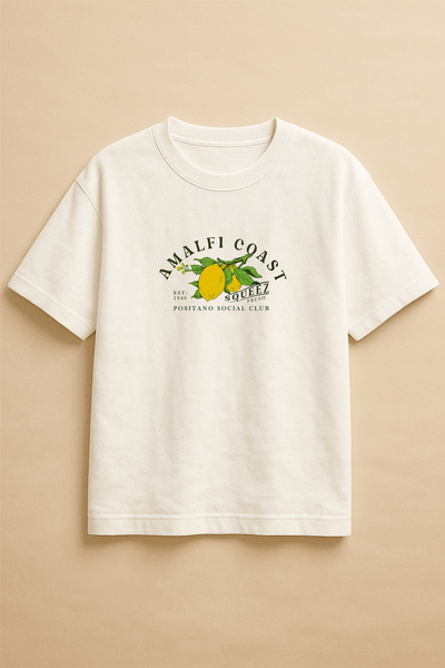 Altair Tr تي شيرت أبيض اللون كبير الحجم مطبوع عليه ليمون ساحل أمالفي للجنسين