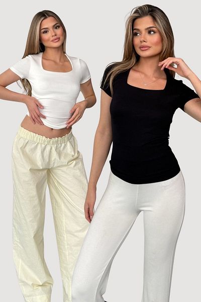 LACHT Women's 2-Pack Black-And-White Square Neck Buzzy Modal Fabric Short Sleeve Blouse