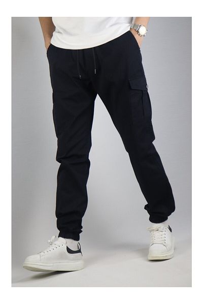 VIKUNYA Men's Summer Navy Blue Jogger Cotton Cargo Pants Adjustable Waist Elasticized Legs Comfort