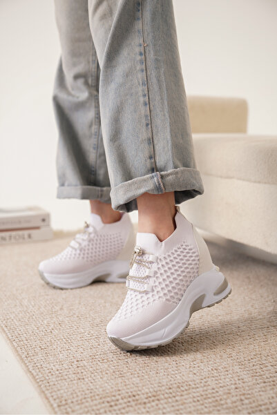 Cananın Pabuçları DNR 450 High Hidden Heels Tricotaj Pantofi sport albi pentr...