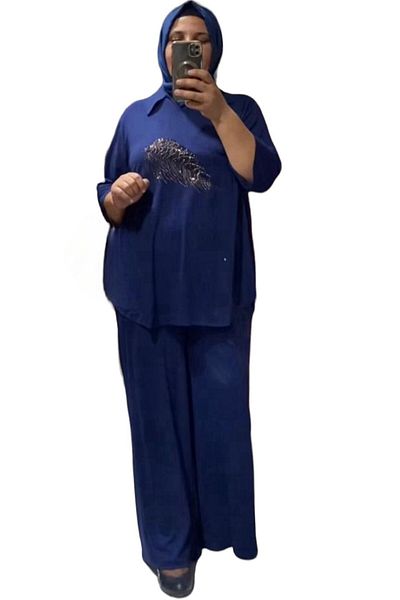 Sevda Kılınç Large Size Stone Embroidered Combed Cotton Suit