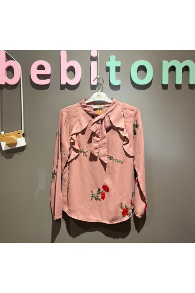 bebitomkids Kız 10-13 Yaş Süzene Nakışlı Yaka Fiyonklu Gömlek