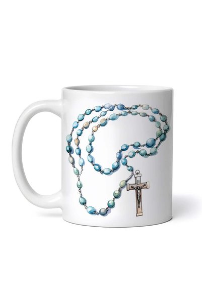 OEM Cană albă personalizată, rozariu albastru cu cruce, INOVATIX®. 330 ml