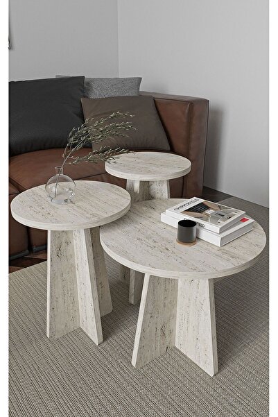 EYA STUDİO Mantar 3 Lü Zigon Sehpa Iskandinav Stili - Traverten