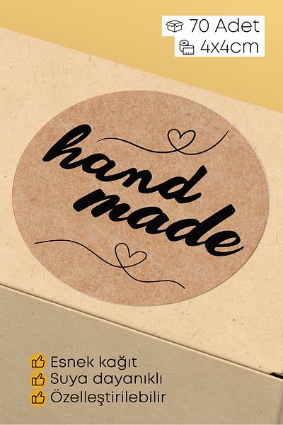 alışveriş kurdu Hand Made - with Love Written Sticker Packaging Shipping Packaging Label - 4X4Cm 70 Pieces Round