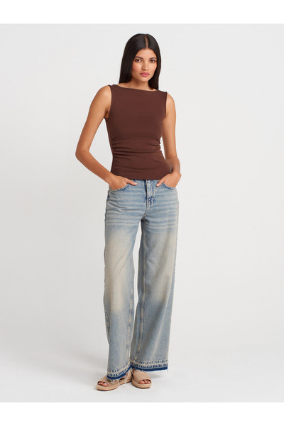 Dilvin 31589 Μαζευμένο Boat Neck Top-Ανοιχτό καφέ