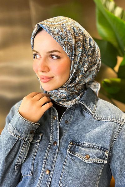 Sultan Eşarp Sultan Soft Cotton Scarf - Ethnic Pattern - SSE0237-31 - Μπλε, απαλό κίτρινο
