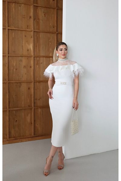 1Moda1Tarz Γυναικείο υφασμάτινο κατάδυσης με δαντέλα και φούντα με λεπτομέρεια κολιέ με ζώνη λαιμού με επένδυση Φόρεμα ειδικής σχεδίασης