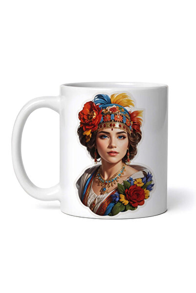 OEM Cană albă personalizată, Româncă în costum popular cu colier, Inovatix®. ...