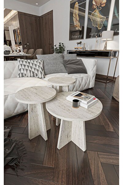 EYA STUDİO Mantar 3 Lü Zigon Sehpa Iskandinav Stili - Traverten