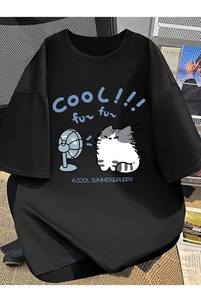 Touz Moda Cool Cat Printed Unisex Oversize T-Shirt