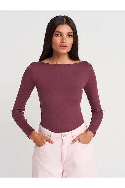 Dilvin 31332 Boat Neck Long Sleeve Ball-Damson