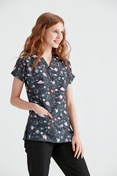 Moodamedikal Gezegen Desenli Tek Üst Likra Kumaş Dr Greys Kesim