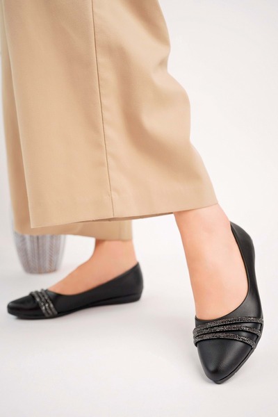 bulutmod Siyah BA04253 Kadın 3 Taşlı Günlük Büyük Numara Babet Ayakkabı - Siy...