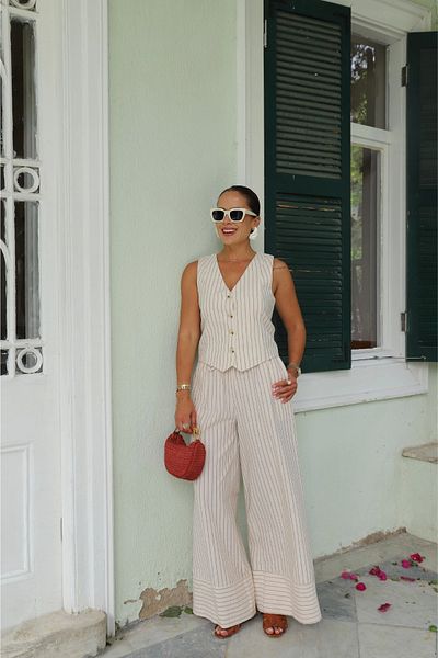 Purple by Banu Ecru Linen Striped Vest Pants Set