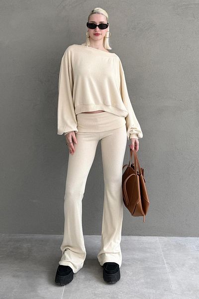 Madmext Beige Blouse Trousers Double Set Mg2289