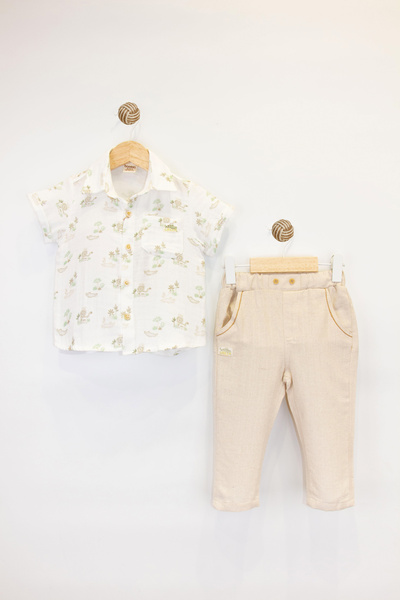 Bombili Natural Fabric Stylish Button Detailed Pocket Elastic Waist Comfortable Boys' Trousers