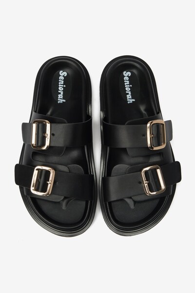 Seniorah Γυναικείες παντόφλες με διπλή χοντρή ταινία μαύρου δέρματος