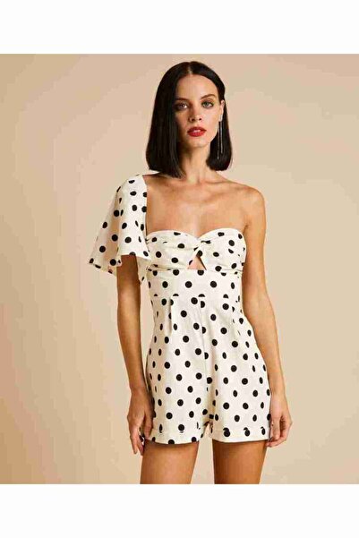 RİGALA Ekru One-Sleeve Black Polka Dot Shorts Jumpsuit