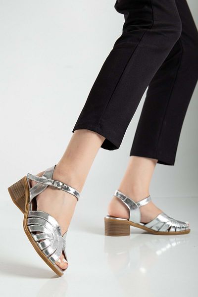 ANALİN SHOES Women's Genuine Leather Ankle Sandals - Silver