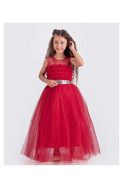 Mnk Baby&Kids Girl's Red Satin Evening Dress - Sapes Model, Back with Guipes and Tulle, Straps Mnk0618